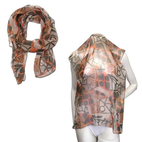 Abstract Print Sheer Long Scarf Shawl Geo Print Orange Brown - Picture 1 of 8